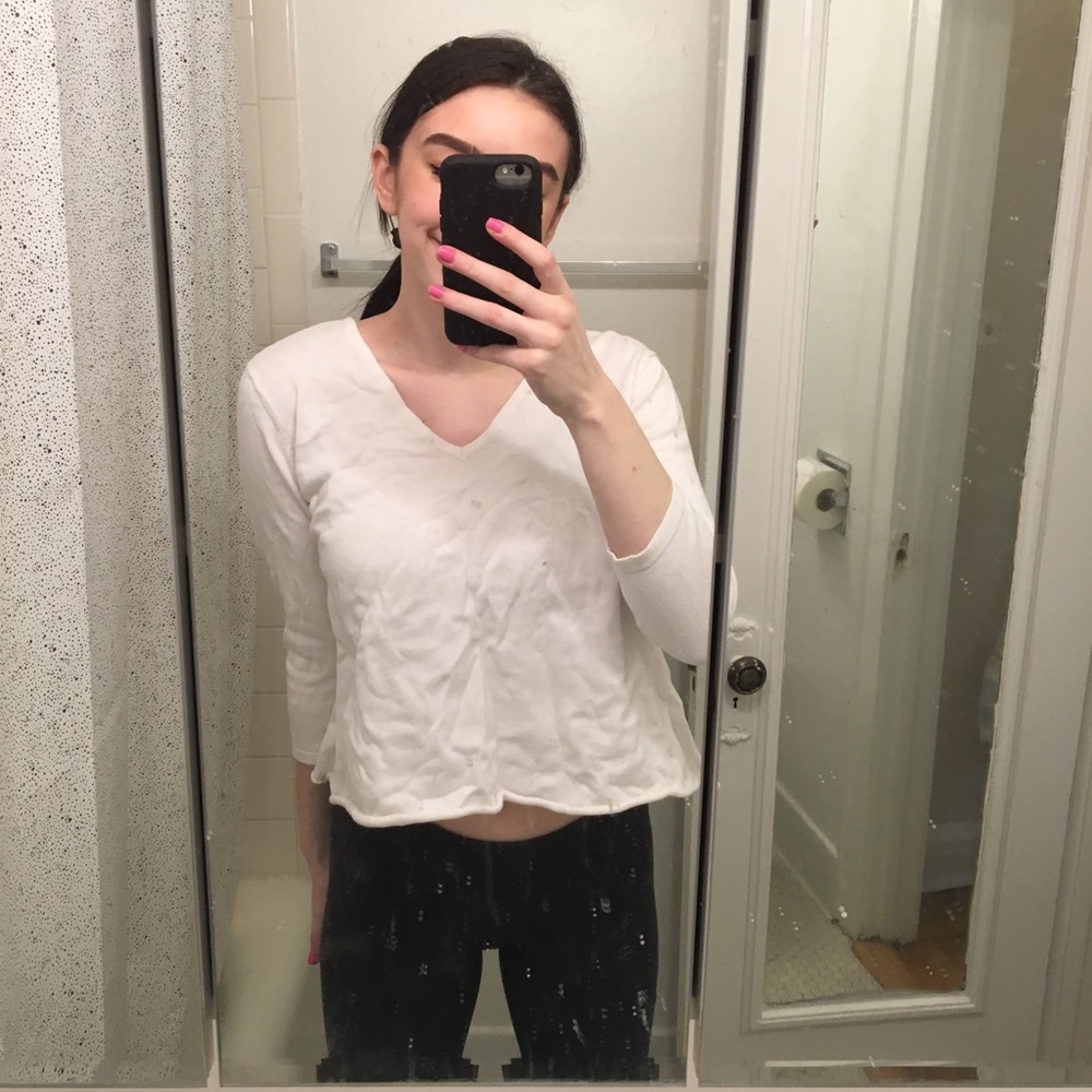 White Cropped V Neck Sweater